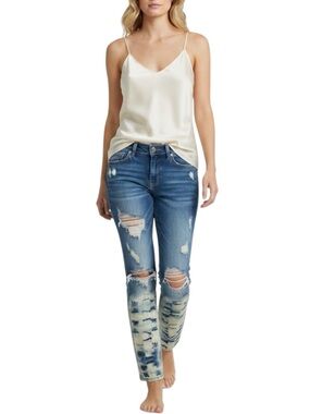 Dollhouse Distressed Mid-Blue Bleach Dyed Slim Jeans Size 3 Bohemian Hippie